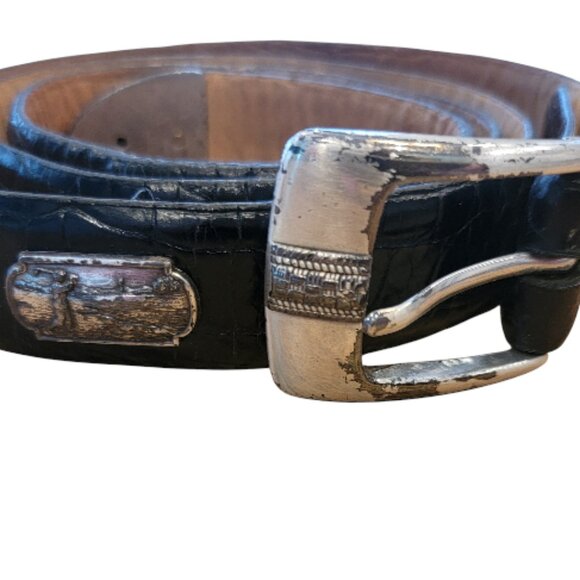 Black Leather Golf Embossed Medallions Croc Print Belt - Picture 4 of 16